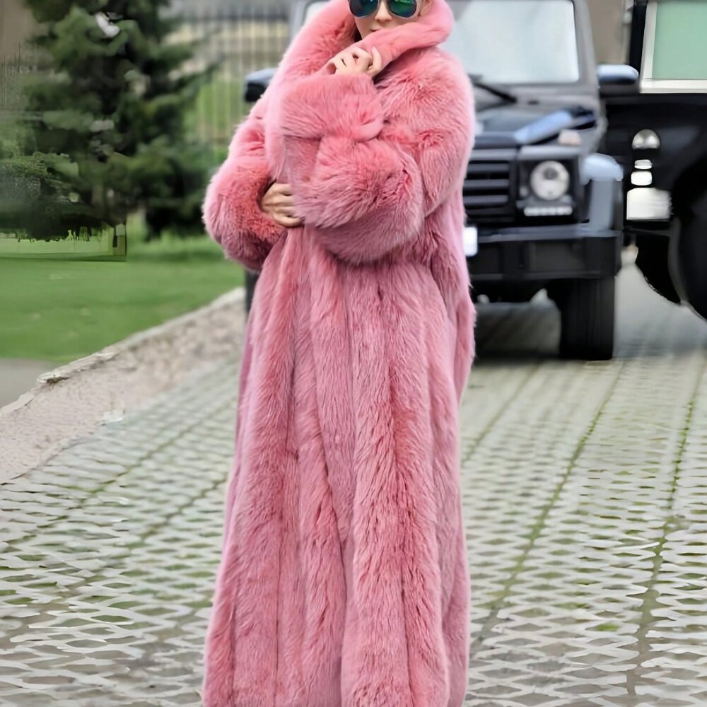 Pink Casual Womens Luxurious Waterfall Neckline Flowy  Faux Fur Long Jacket Coat - Picture 3 of 8